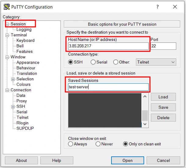 Pantalla de sesión de PuTTY con la dirección IP de EC2 capturada