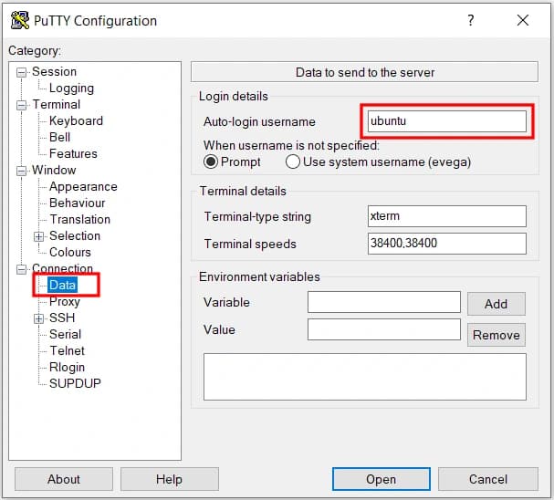 Pantalla Data de PuTTY con ubuntu como usuario de inicio automático