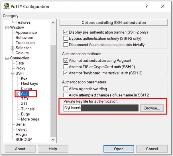 Pantalla Auth de PuTTY con el archivo de llave privada .ppk seleccionado