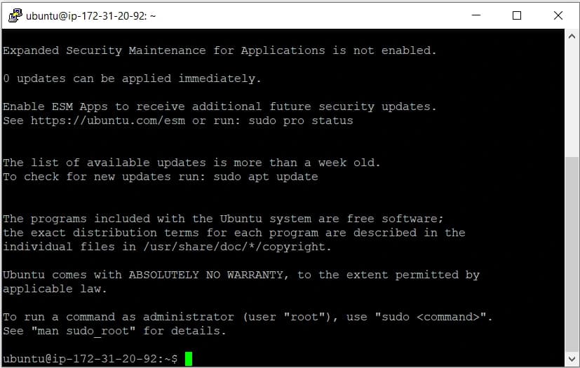 Sesión inicial de terminal en la instancia EC2