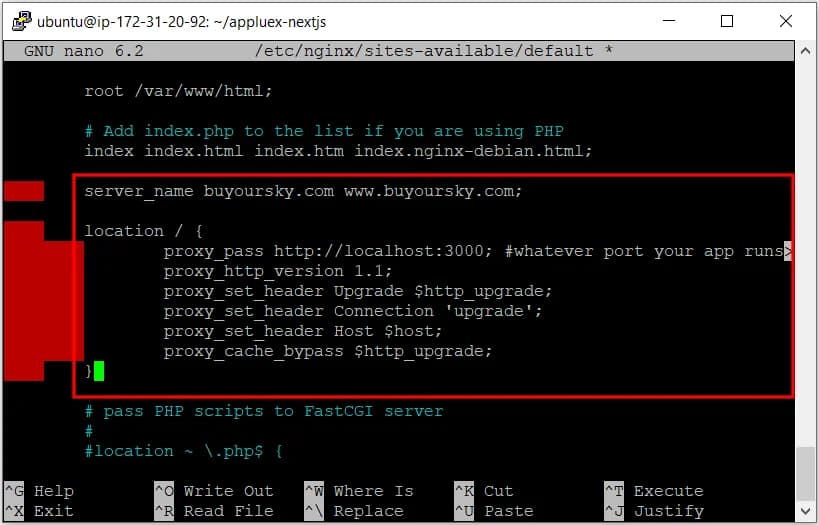 Editar la configuración del sitio por defecto de Nginx
