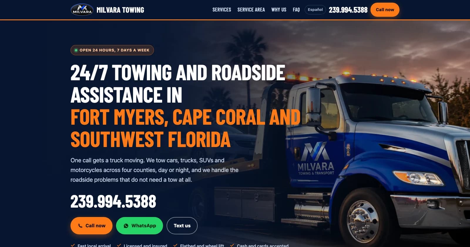Milvara Towing. Web app by Appluex