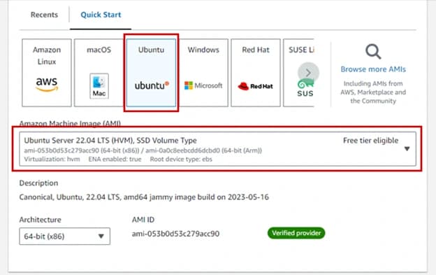 Seleccionar la AMI de Ubuntu 22.04 para una instancia EC2