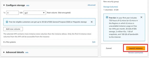 Revisar la configuración de almacenamiento antes de lanzar la instancia EC2